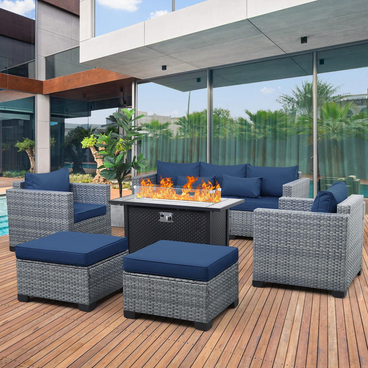 Lviden 6 Pieces Wicker Patio Furniture Sets Outdoor Conversation Set PE Rattan Sectional Sofa Couch with 45" Fire Pit Table and Royal Blue Cushions Lviden