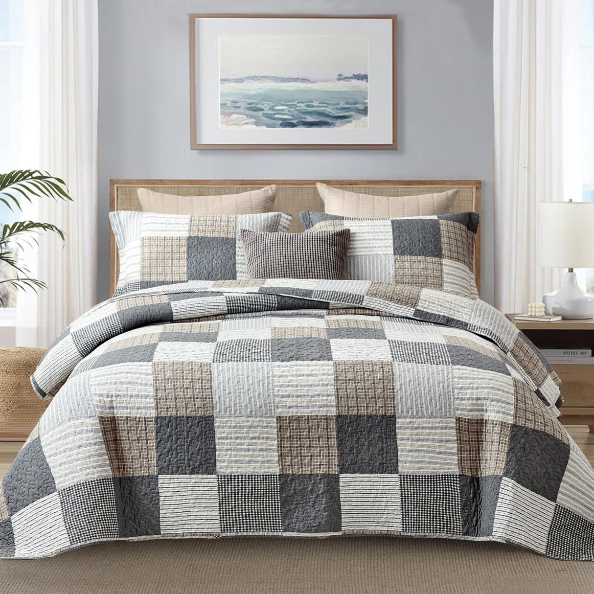 Finlonte Quilt Set Queen Size - 100% Cotton Queen Comforter Set, Plaid Quilted Bedspread Farmhouse Country Bed Spread, Lightweight Reversible Quilt Bedding Set All-Season, Gray/Brown/Black/White, 3Pcs Finlonte