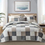 Finlonte Quilt Set Queen Size - 100% Cotton Queen Comforter Set, Plaid Quilted Bedspread Farmhouse Country Bed Spread, Lightweight Reversible Quilt Bedding Set All-Season, Gray/Brown/Black/White, 3Pcs Finlonte