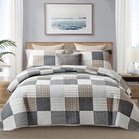 Finlonte Quilt Set Queen Size - 100% Cotton Queen Comforter Set, Plaid Quilted Bedspread Farmhouse Country Bed Spread, Lightweight Reversible Quilt Bedding Set All-Season, Gray/Brown/Black/White, 3Pcs Finlonte