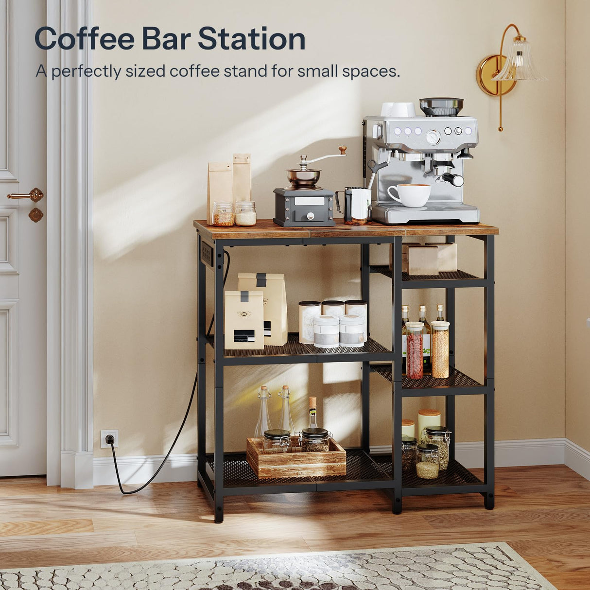 HOOBRO Kitchen Baker's Rack, Coffee Bar Stand with Charging Station, Microwave Stand, 4-Tier Small Kitchen Shelf Rack for Kitchen, Living Room, Rustic Brown and Black BF35UHB01 HOOBRO