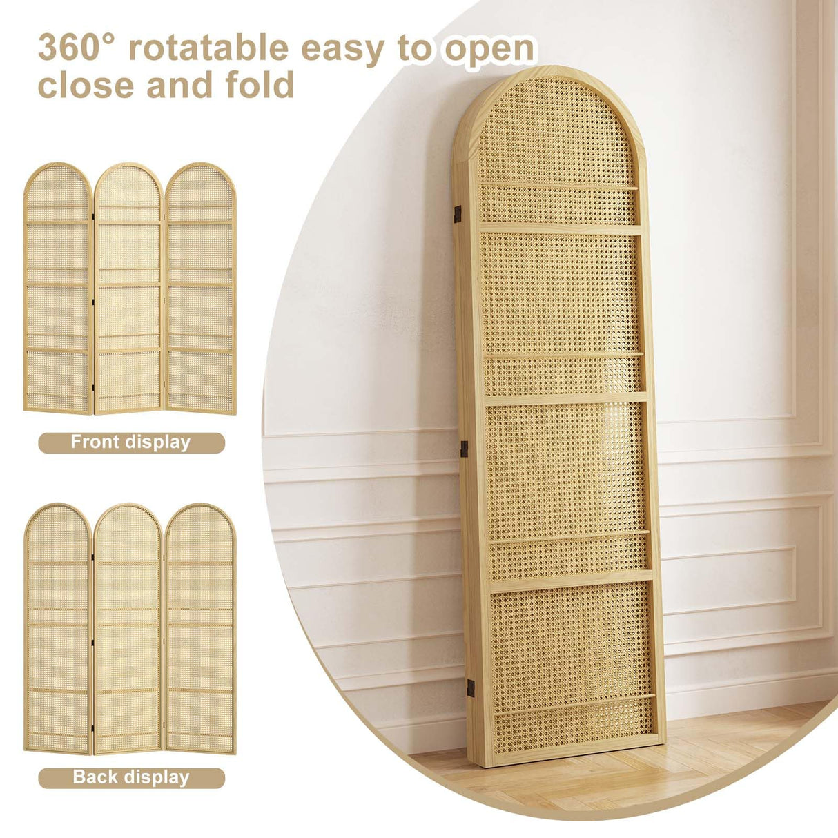 Rattan Room Divider with Built-in Bookshelf | Foldable Privacy Screen & Portable Partition for Home Office, Bedroom, Reading Nook | Wooden Frame, Freestanding Design (Natural-Rattan) Svimi