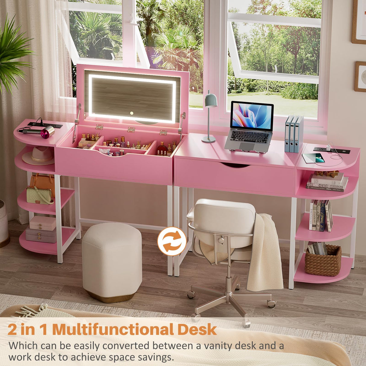 Cyclysio Vanity Desk with Flip Top Mirror and Lights, Makeup Vanity Desk with Drawers, Dressing Table with Storage Shelves & Charging Station, Small Vanity for Small Spaces, Pink Cyclysio