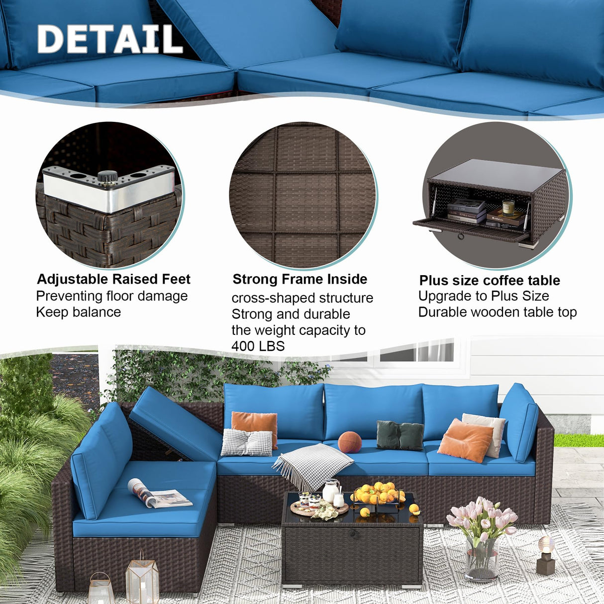 RYNSTO 7 Piece Patio Furniture Set with Adjustable Bracket Wicker Rattan Patio Conversation Sets Outdoor Sectional Sofa Set with Wood Table and Cushions for Porch Lawn Garden, Blue RYNSTO