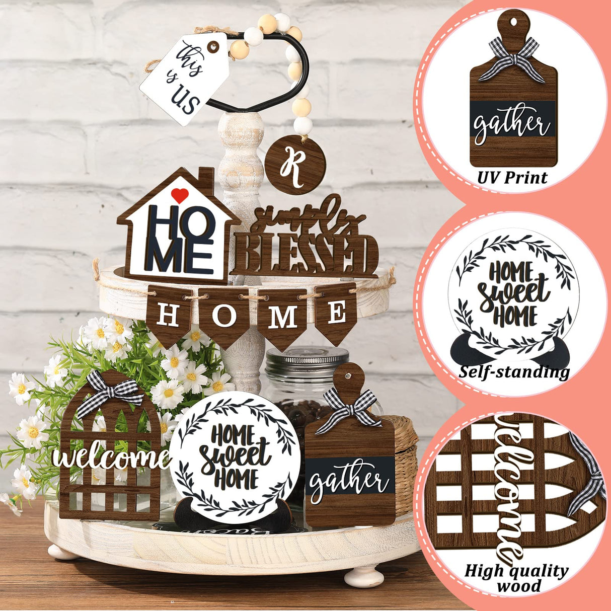11 Pieces Farmhouse Tiered Tray Decor Home Wood Sign Rustic Home Sweet Home Simply Blessed Wooden Beads Tiered Tray Decorations Set for Home Kitchen Table Shelf (Farmhouse Style) Yalikop