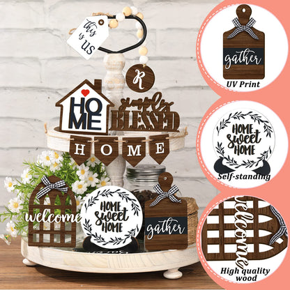 11 Pieces Farmhouse Tiered Tray Decor Home Wood Sign Rustic Home Sweet Home Simply Blessed Wooden Beads Tiered Tray Decorations Set for Home Kitchen Table Shelf (Farmhouse Style) - WoodArtSupply