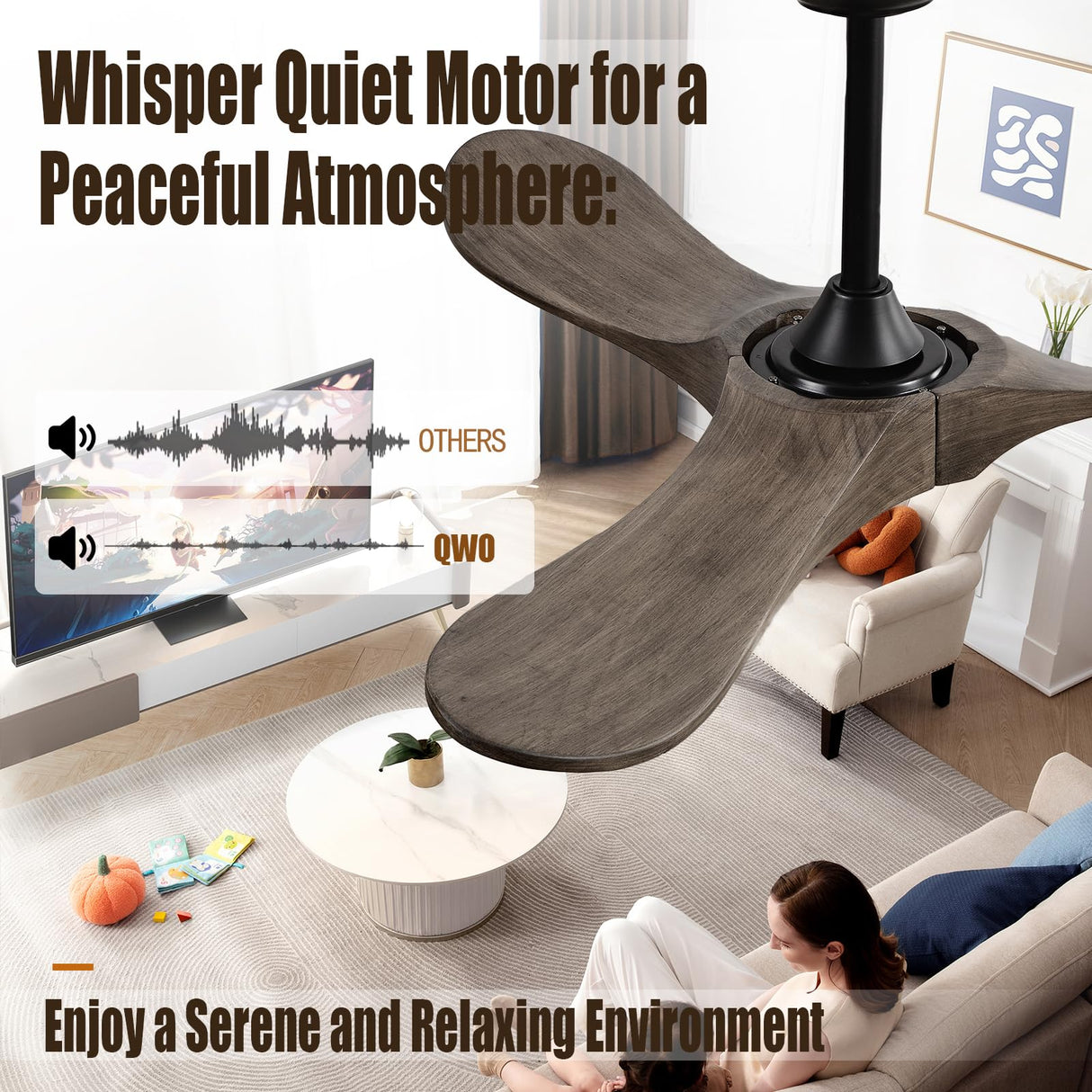 QWO 36" Outdoor Ceiling Fan No Light,Solid Wood Small Bedroom Ceiling Fans Without Lights, Outdoor Ceiling Fans For Patios, Porch and Living room,High Cfm DC 3 Blade Modern Ceiling Fan With Remote QWO