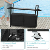 Tangkula Outdoor Bar Cart Table, Patiojoy Rolling Wicker Buffet Wheeled Serving Cart with Tempered Glass Top, Storage Cabinet & 8 Hooks, for Porch Backyard Garden Poolside (Black) Tangkula