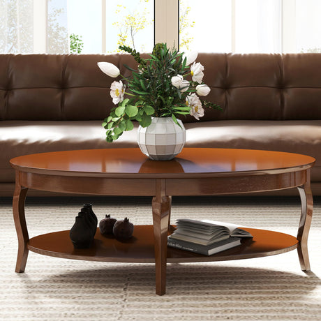 LZAREAL Coffee Table with Storage Oval Solid Wood Coffee Table Antique Farmhosue Living Room Table Rustic Center Table for Living Room Guest Room Reception Room Waiting Room, Brown Walnut Color LZAREAL