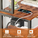 Furologee Tall Nightstand with Charging Station & LED Lights, 41'' Bedside Table with 2 Drawers & Pegboard, White Night Stand with Hooks & Folders, End Table with Shelves for Bedroom/Living Room Furologee