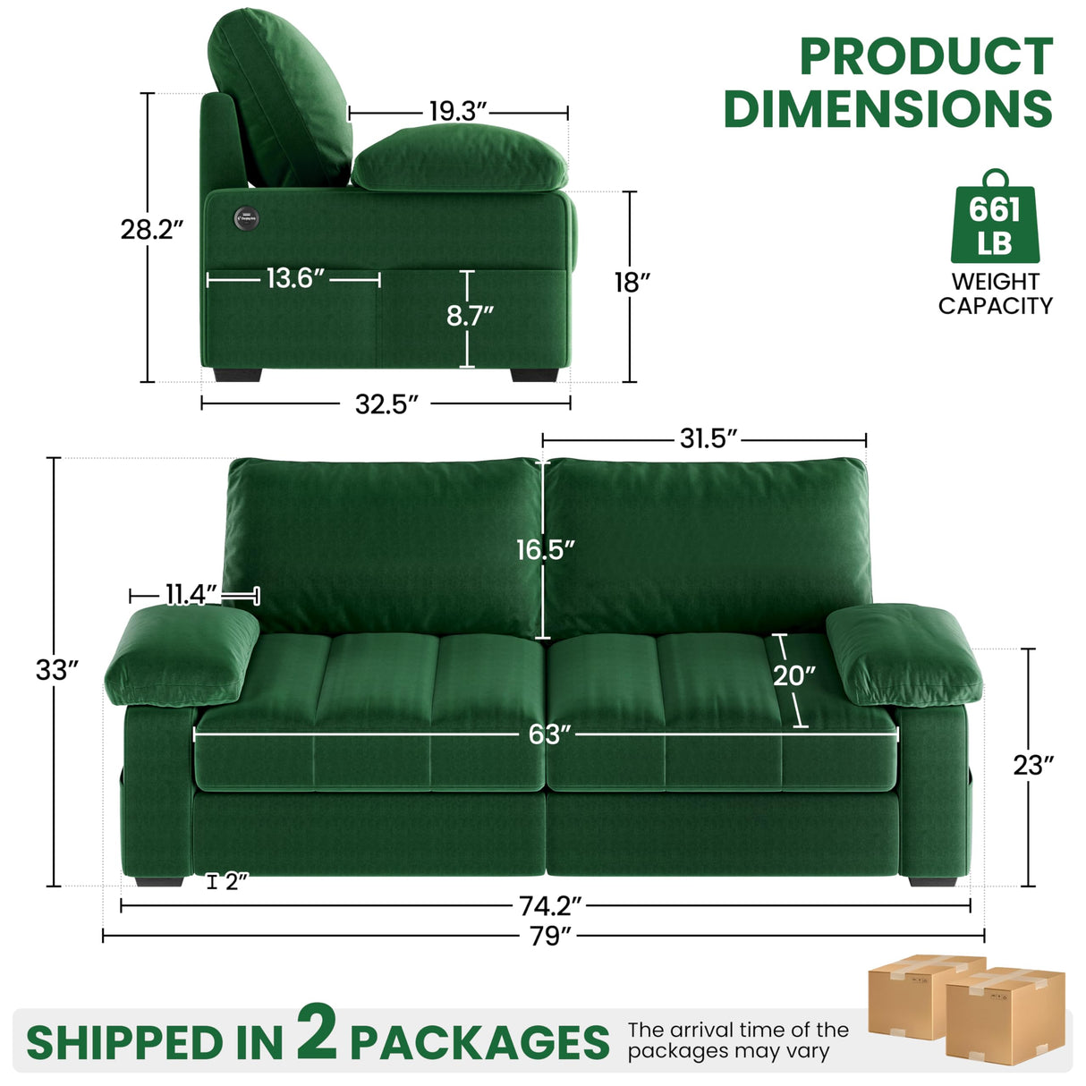 Yaheetech 79" Velvet Modern Sofa Couch with Storage Pockets and USB Ports, 2 Seater Comfy Loveseat Sleeper with Removable Armrest Pillow & Cover for Living Room, Apartment, Bedroom, Green Yaheetech