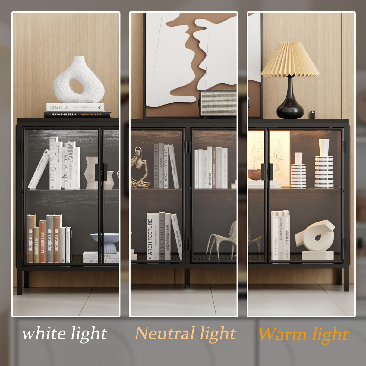 FUFU&GAGA Sideboard Buffet with LED Lights, Glass Doors, Modern Display Cabinet with Glass Shelves, Black Cupboard Credenza with Metal Legs, for Living Room Kitchen, 55.1”W x 15.7”D x 29.5”H FUFU&GAGA