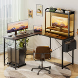 Besiost L Shaped Desk with Hutch, L shaped Computer Desk with Power Outlet and LED Lights, Reversible Corner Gaming Desk with Monitor Stand, L Shaped Desk Home Office Desk with Storage Bag, Black Besiost