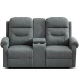 DRMBOOK RV Loveseat Recliner Sofa with Console, Linen Fabric Double Wall Hugger Reclining Couch Manual Home Movie Seating 2 Person Recliner Chair with Cup Holders/Storage/Pocket/Lumbar Pillow, Grey DRMBOOK