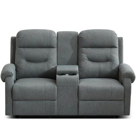 DRMBOOK RV Loveseat Recliner Sofa with Console, Linen Fabric Double Wall Hugger Reclining Couch Manual Home Movie Seating 2 Person Recliner Chair with Cup Holders/Storage/Pocket/Lumbar Pillow, Grey DRMBOOK