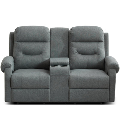 DRMBOOK RV Loveseat Recliner Sofa with Console, Linen Fabric Double Wall Hugger Reclining Couch Manual Home Movie Seating 2 Person Recliner Chair with Cup Holders/Storage/Pocket/Lumbar Pillow, Grey