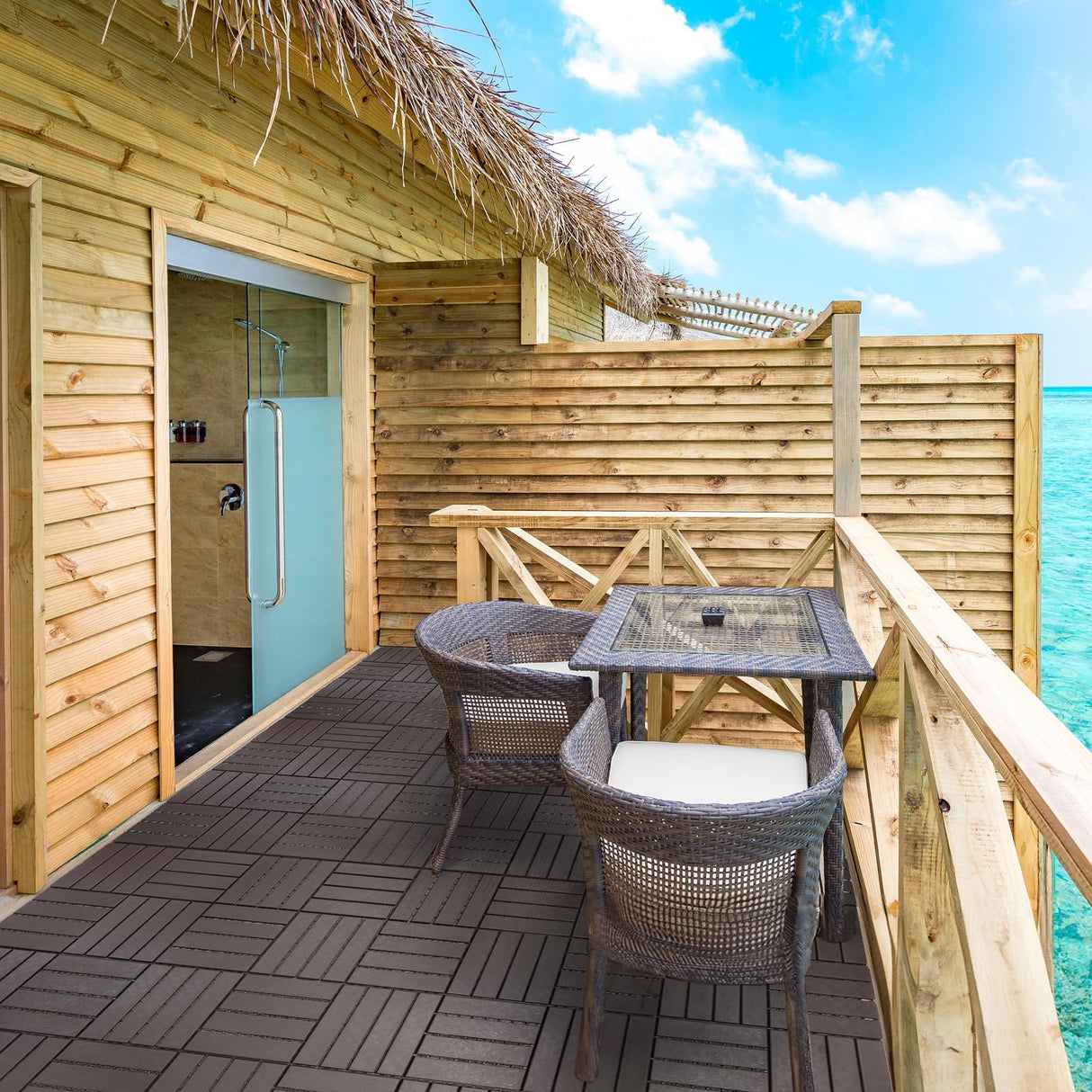 Dyna-Living 60 sq. ft Plastic Interlocking Deck Tiles, 60 Pack, 12"x12" Indoor Outdoor Waterproof Patio Floor Decking Tiles for Balcony, Backyard, Garden & Poolside, All Weather Use, Dark Brown Dyna-Living