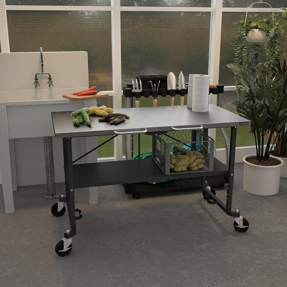 COSCO SmartFold Portable Workbench/Folding Utility Table with Locking Casters, 600 lb. Capacity, Stainless Steel Top Cosco