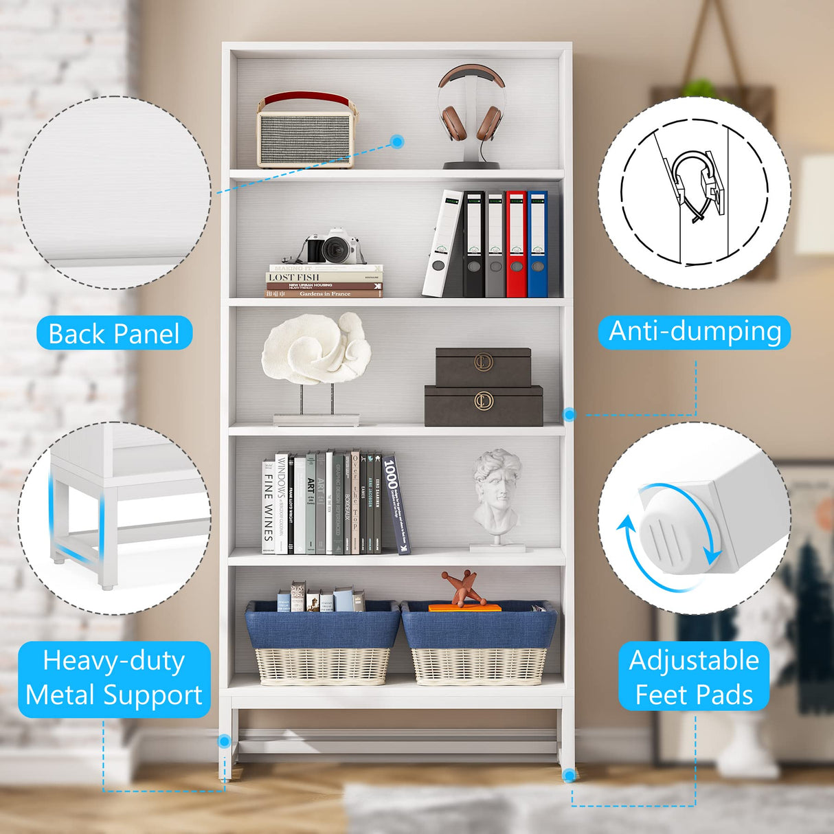 Tribesigns Tall Bookcase and Bookshelf, 70.8” Large Bookcases Organizer with 5-Tier Storage Shelves, Heavy Duty Free-Standing Library Bookshelf Shelving Unit for Living Room, Bedroom, Office (White) Tribesigns