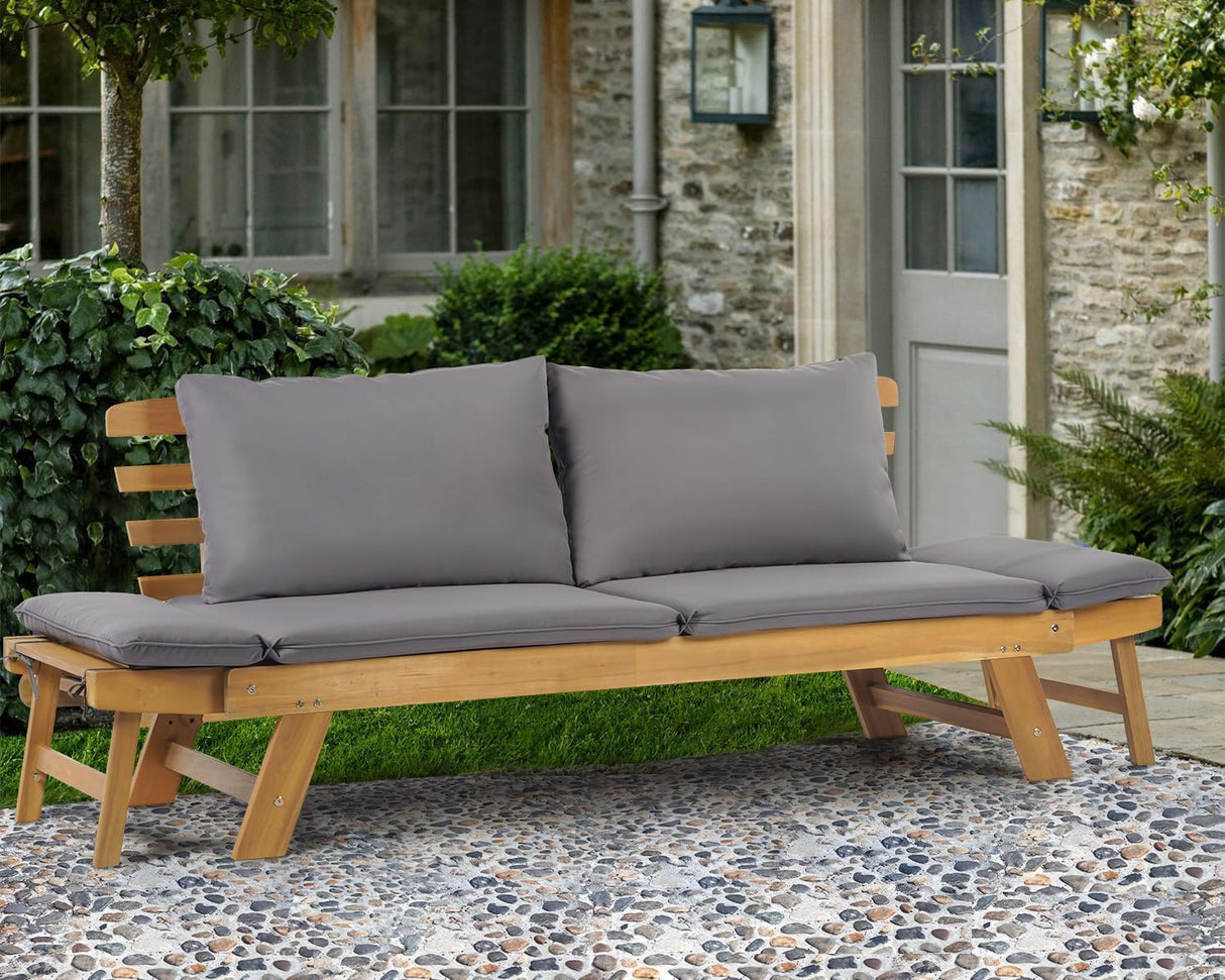 PayLessHere Outdoor Couch Patio Couch Daybed with Adjustable Armrest, Wooden Loveseat with Cushion and Pillow, and Expandable Plate PayLessHere