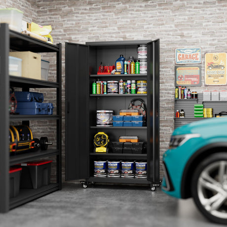 Aobabo 73" H Metal Storage Cabinet with Wheels for Garage, Rolling Tool Cabinet with 4 Shelves, for Home Office, Black, Assembly Required Aobabo