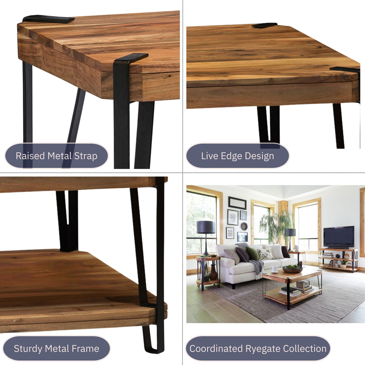 Ryegate 42-Inch Coffee Table – Solid Acacia Wood Live Edge Top with Lower Shelf and Metal Frame Base – Rustic Industrial Modern Living Room Center Table by Alaterre Furniture (Natural) Alaterre Furniture