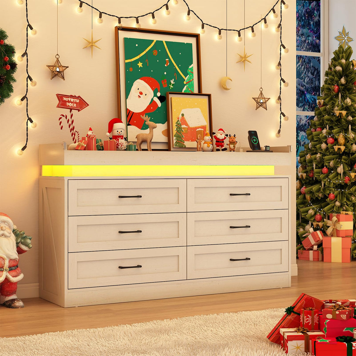 Hlivelood 59" Large Farmhouse 6 Drawers Dresser for Bedroom,Wide Wood Rustic 6 Chests of Drawers for Closet,with LED Light and Power Outlets,Tall Storage Dresser Organizer for Bedroom(White) Hlivelood