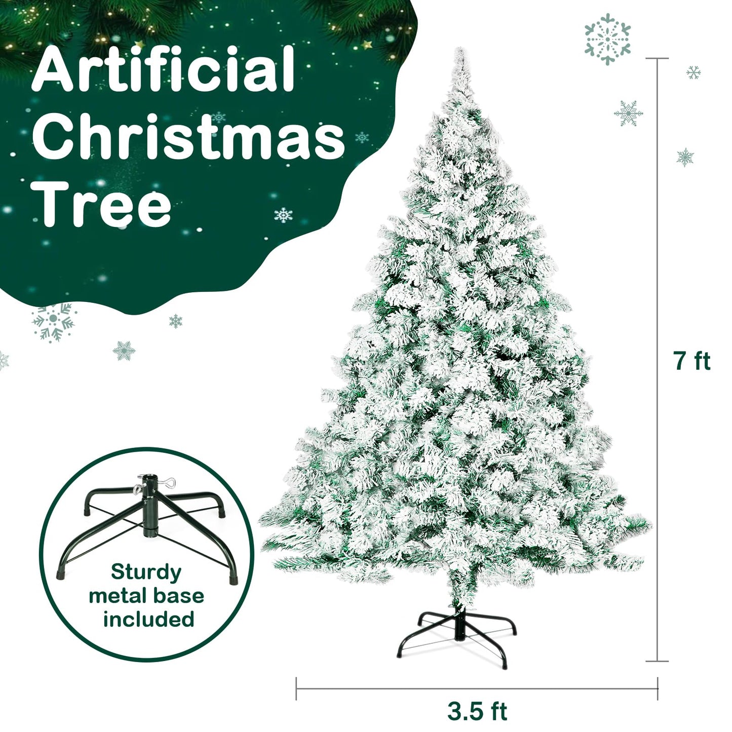 Outroad 7ft Snow Flocked Christmas Tree Premium Hinged Artificial Pine Tree,Xmas Tree Metal Stand and 1000 Lush Branch Tips Holiday Decorate, Easy to Assemble,White