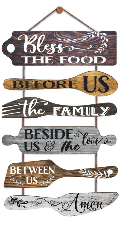 EXQUIDECA Bless the Food Before Us Farmhouse Kitchen Wall Decor - Dining Room Decorations Collage Wall Art in Neutral Grey Color - Wooden Rustic 6pcs Roped Sign 25x14 Inches Vertical