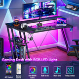 Korfile Computer Gaming Desk with Power Outlet & LED Lights, Reversible L Shaped Gamer Table with Storage Shelves for Bedroom, Corner Home Office Desk, 55 Inch, Carbon Fiber Black Korfile