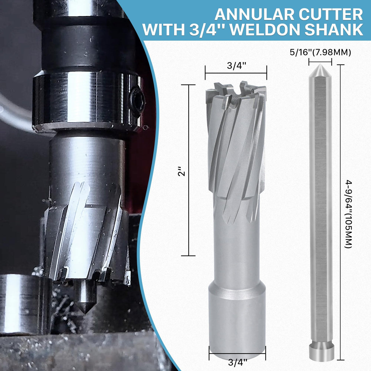 KEENTECH Carbide-Tipped Annular Cutter, 3/4" Diameter x 2" Depth, 3/4" Weldon Shank (2 Flat), High Speed Cutting TCT Mag Drill Bit with Pilot Pin for Harder Material, Stainless Steel, Cast Iron KEENTECH