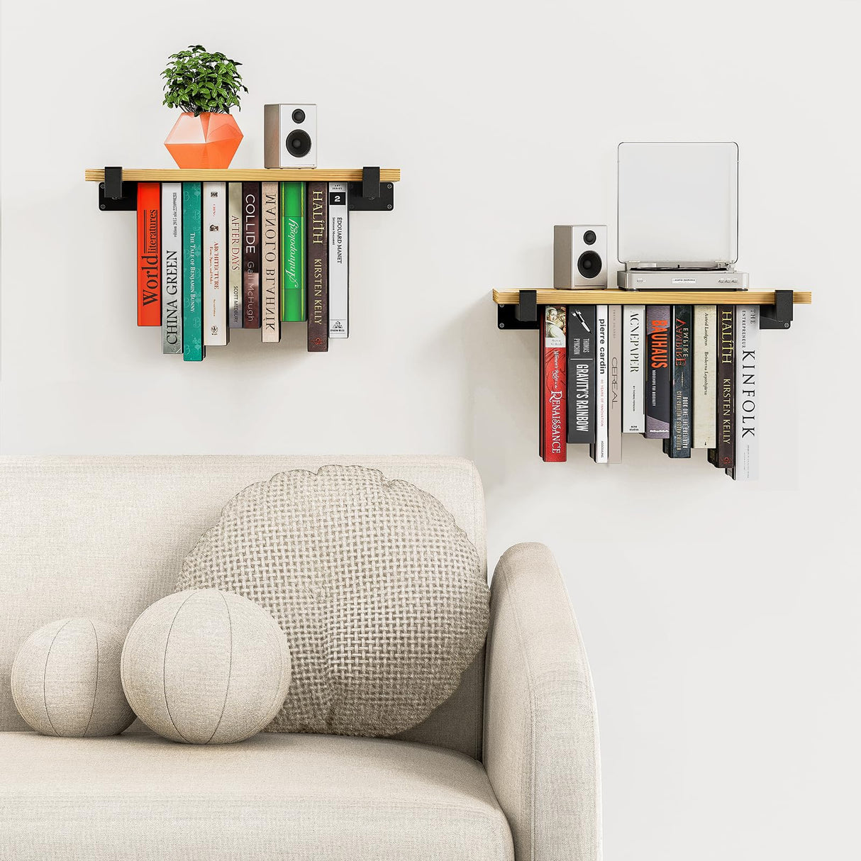 NANATI 2 Set of Floating Bookshelf, Pine Wood Invisible Bookshelf, Hanging Bookshelves for Wall, Unique Space Saving Wall Bookcase (16.5L×8.7W×1.5H) NANATI