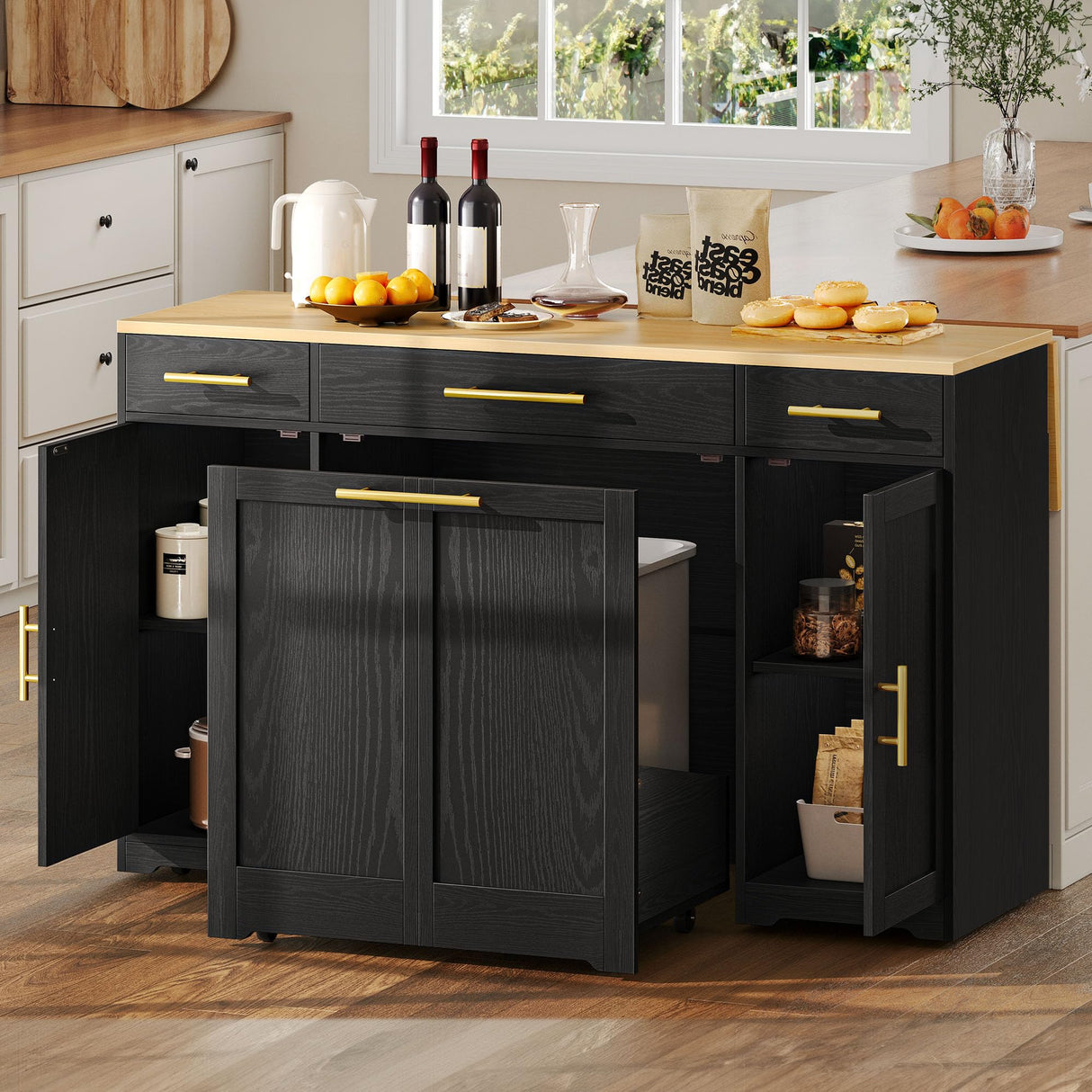 YITAHOME Kitchen Island with Drop Leaf, 55 inch Rolling Kitchen Carts, Modular Pull Out Trash Can Cabinet Fits Double 10-Gallon Garbage Bin, Mobile Island Table with 3 Drawers for Dining Room, Black YITAHOME