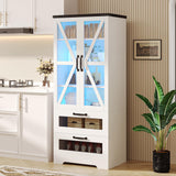 Jehiatek 56" Storage Cabinet with LED Light, Modern Farmhouse Cabinet with Large Drawers & Adjustable Shelves, Display Bookcase with Glass Door, Cupboard Sideboard for Living/Dining Room, White Jehiatek