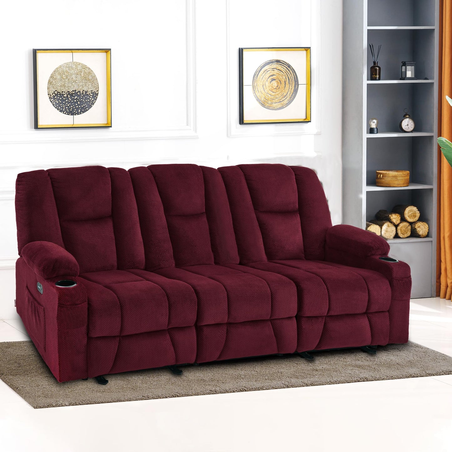 MCombo Power Reclining Sofa with Heat and Vibration,USB Ports, Cup Holders,3-Seat Dual Recliner Sofa for Living Room 6015 (Burgundy)