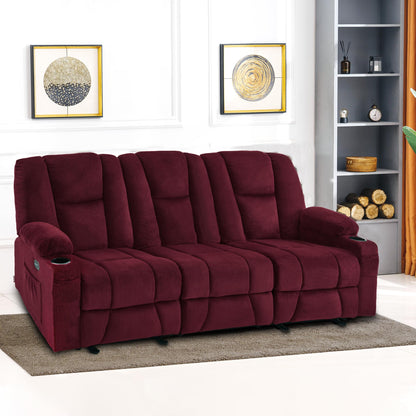 MCombo Power Reclining Sofa with Heat and Vibration,USB Ports, Cup Holders,3-Seat Dual Recliner Sofa for Living Room 6015 (Burgundy)