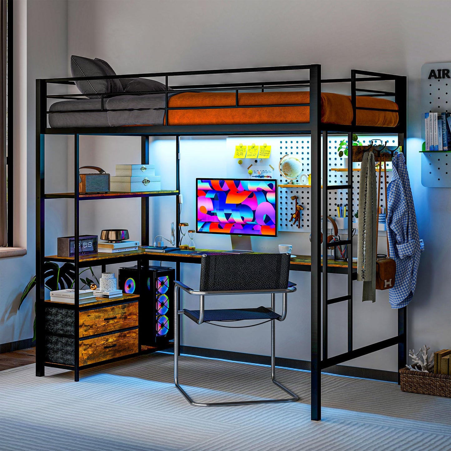 HOMCOM Metal Loft Bed Twin Size with L-Shaped Desk, LED Lights, Charging Station, for Teens Adults, Twin Loft Bed Frame with Fabric Drawers, Guardrail, Ladder, Noise Free, No Box Spring Needed, Black