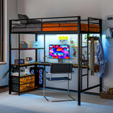 HOMCOM Metal Loft Bed Twin Size with L-Shaped Desk, LED Lights, Charging Station, for Teens Adults, Twin Loft Bed Frame with Fabric Drawers, Guardrail, Ladder, Noise Free, No Box Spring Needed, Black HOMCOM