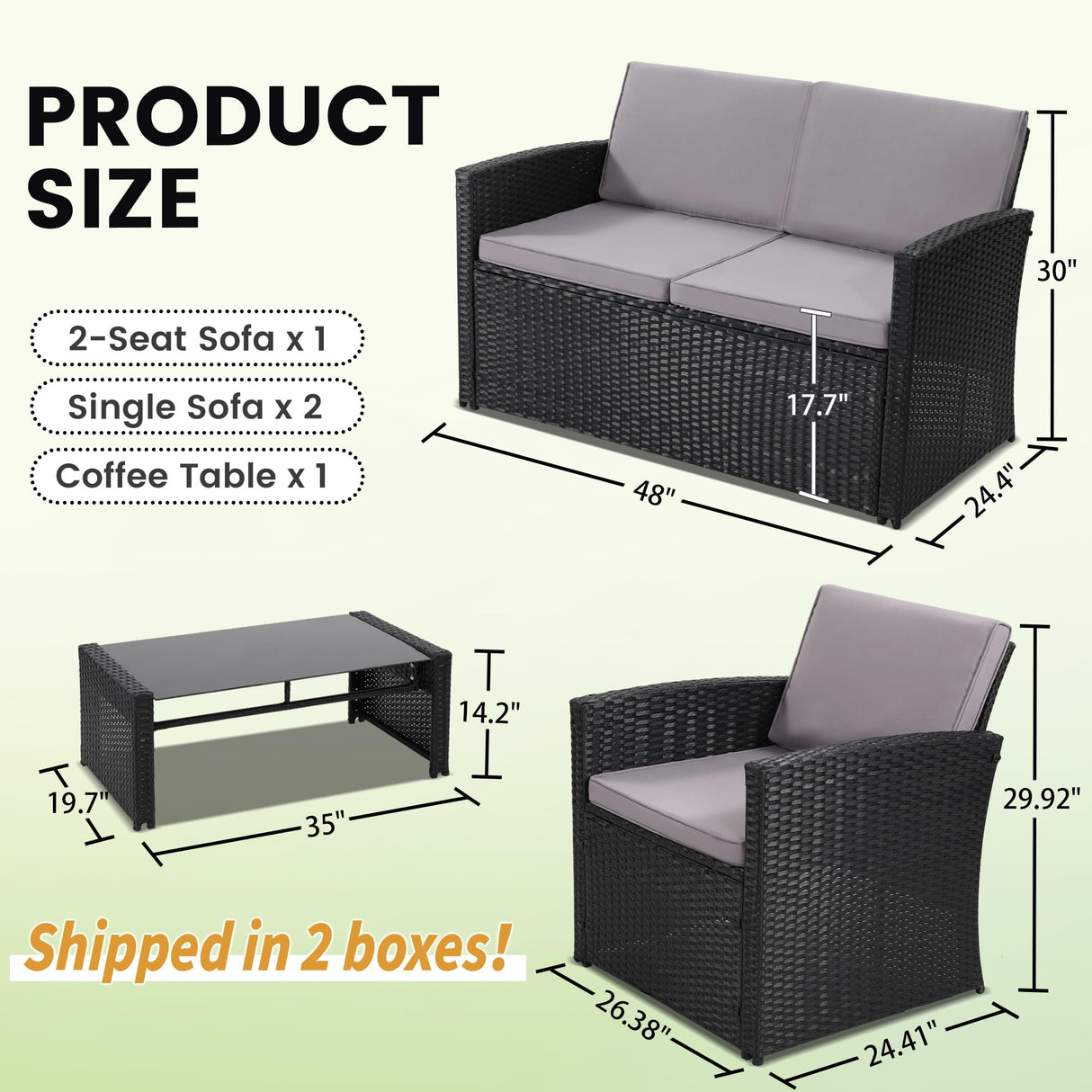 KROFEM 4 Pieces Patio Conversation Set, Outside Rattan Sectional Sofa, Cushioned Furniture Set, Wicker Sofa Ideal for Garden, Porch, Backyard, Black Color Rattan and Light Grey Cushion KROFEM