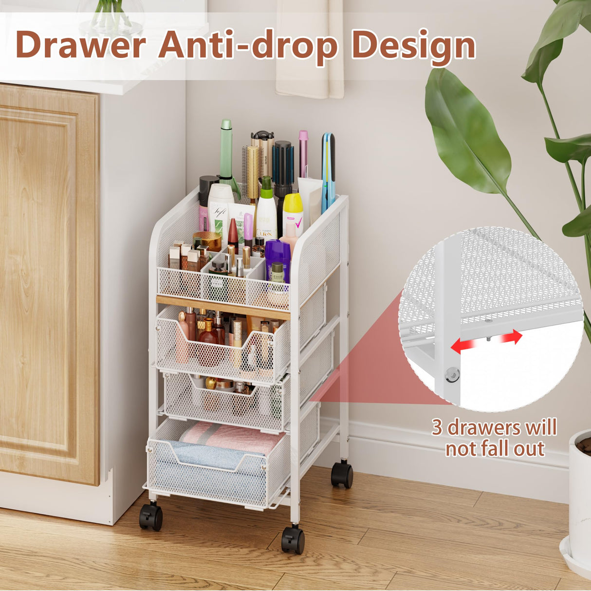 Rolling Makeup Cart Organizer with 3 Drawers, 4-Tier Narrow Floor Skincare Organizers with dividers, Vanity Organizer Cosmetics Display Cases for Makeup Brush, Hair Tool, White Jakyitvi