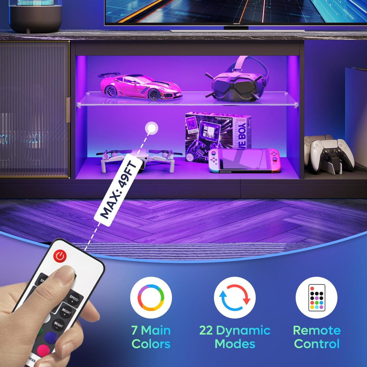 Bestier Gaming TV Stand for TVs up to 80 inch, 70 inch LED Entertainment Center with Adjustable Glass Shelf & Translucent Doors Storage Cabinet for PS5, Modern TV Console for Living Room, Black Marble Bestier