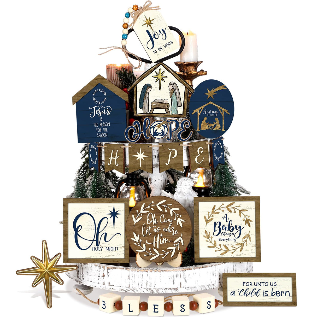 Bucherry 1 Sets Christmas Christian Tiered Tray Decor Christmas Jesus Theme Tray Decor Angel Jesus Star Wooden Decor Wood Angels Mangers Jesus' Birth Decor(Novel) Bucherry