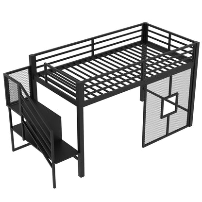 Ziraukon Twin Size Loft Bed, Metal Low Loft Bed Frame with Storage Staircase and Iron mesh, Loft Bed Twin Size with Storage Steps and Safety Guardrails, No Box Spring Needed, Black