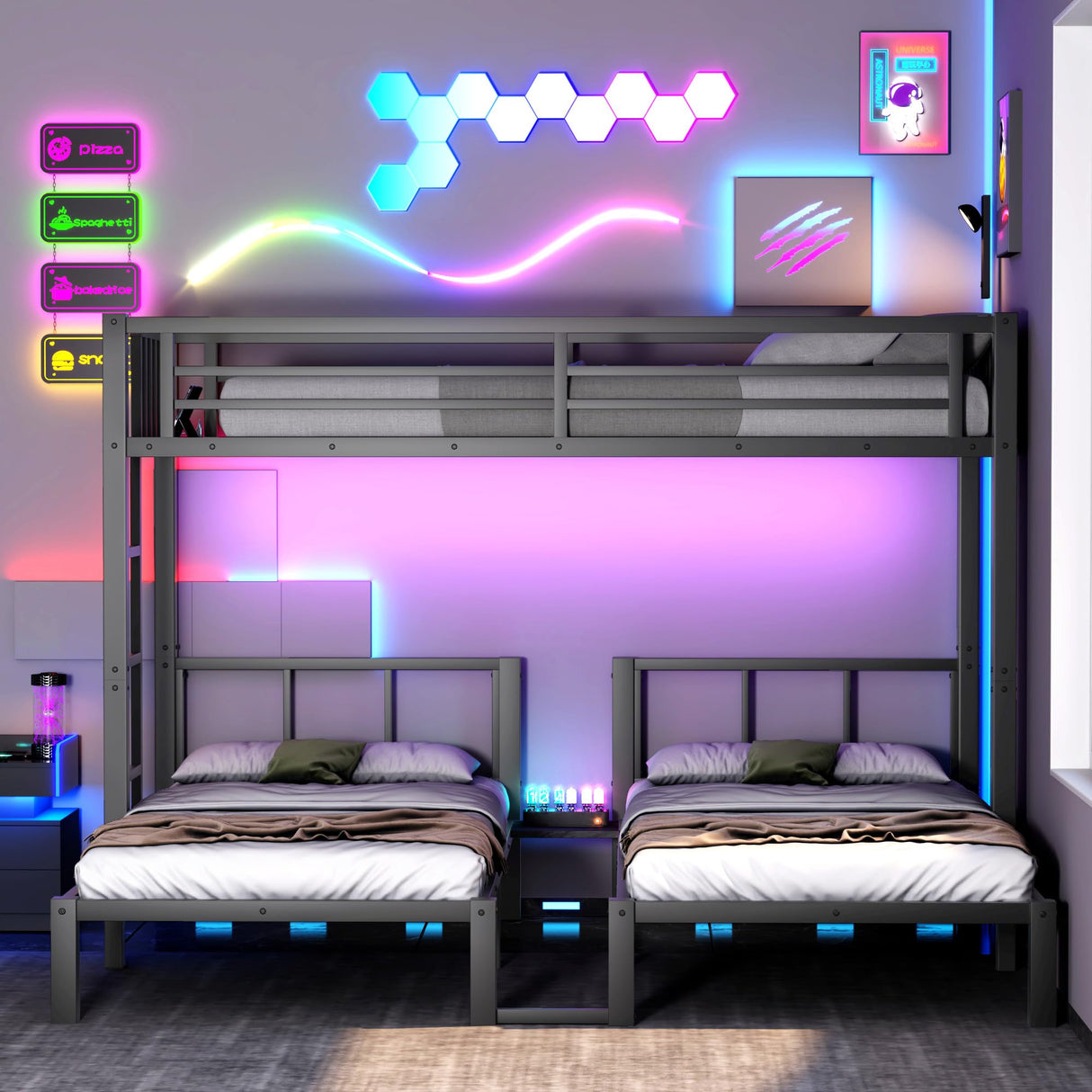 Triple Bunk Bed for Kids with LED Light ,Metal Heavy Duty 3 Bunk Beds with Charge Station & Storage Shelf, Convertible Three Bunk Beds for Girls Boys Teens,Can be Separated into 3 Beds , Black MoproBeti