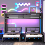 Duxelifin Triple Bunk Bed with LED Lights,Metal Bunk Beds Convertible to 3 Beds with Charging Station,Heavy Duty Bunk Bed Frame with Guardrails and Ladder, for Kids Teens(Black) ﻿ Duxelifin