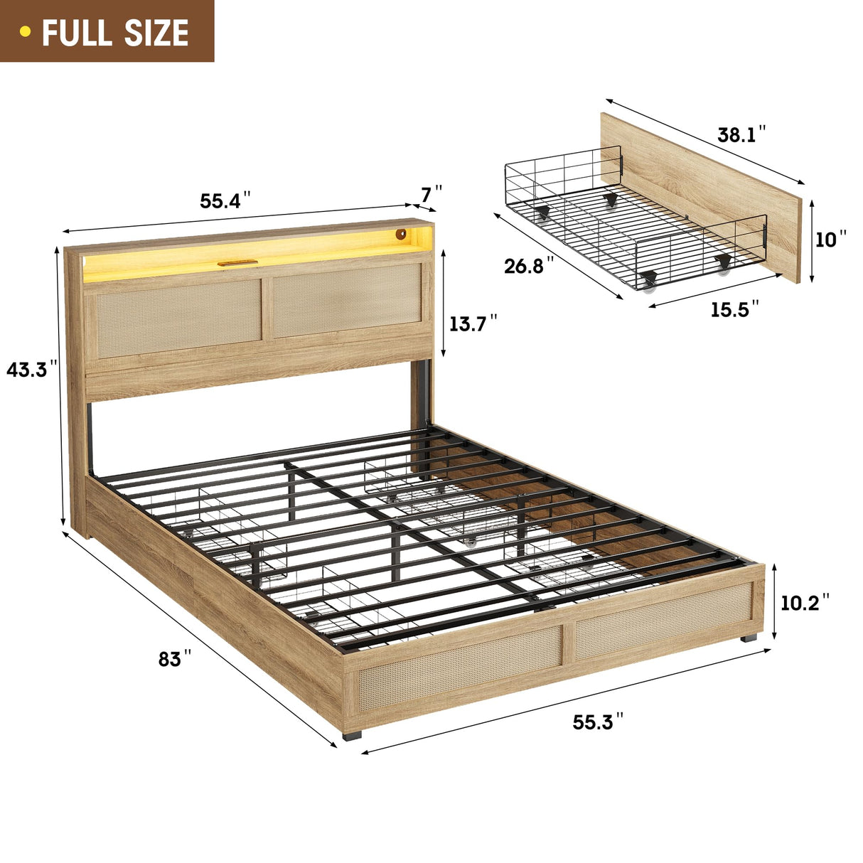 Maupvit Full Size Boho Bed Frame with Rattan Hidden Storage Headboard, LED Light and 4 Drawers, Charging Station, Metal Platform Bed, No Box Spring Needed,Brown Maupvit