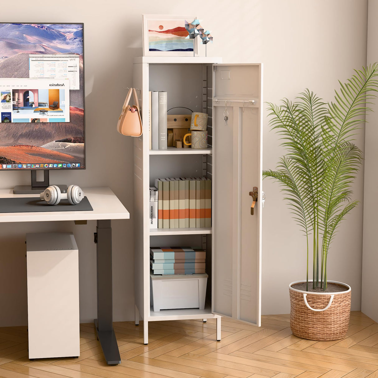 SUPEER Metal Lockers for Employees with Handle,Metal Storage Locker with 2 Pegboard & 5 Hooks for Gym, School, Office,Home,Garage,White SUPEER