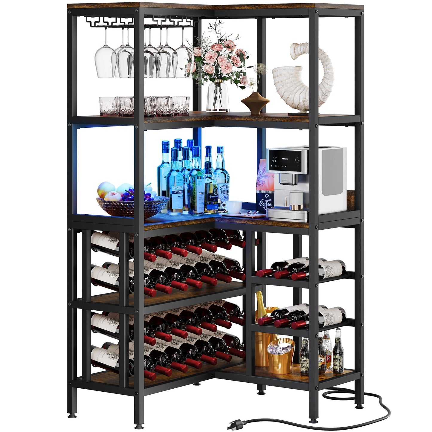 YITAHOME Corner Bar Cabinet, Industrial Wine Cabinet w/Power Outlet ＆ LED Light, 5-Tier L Shaped Liquor Cabinet Bar Unit for Home w/Glass Holder, Corner Open Display Cabinet for Home, Rustic Brown