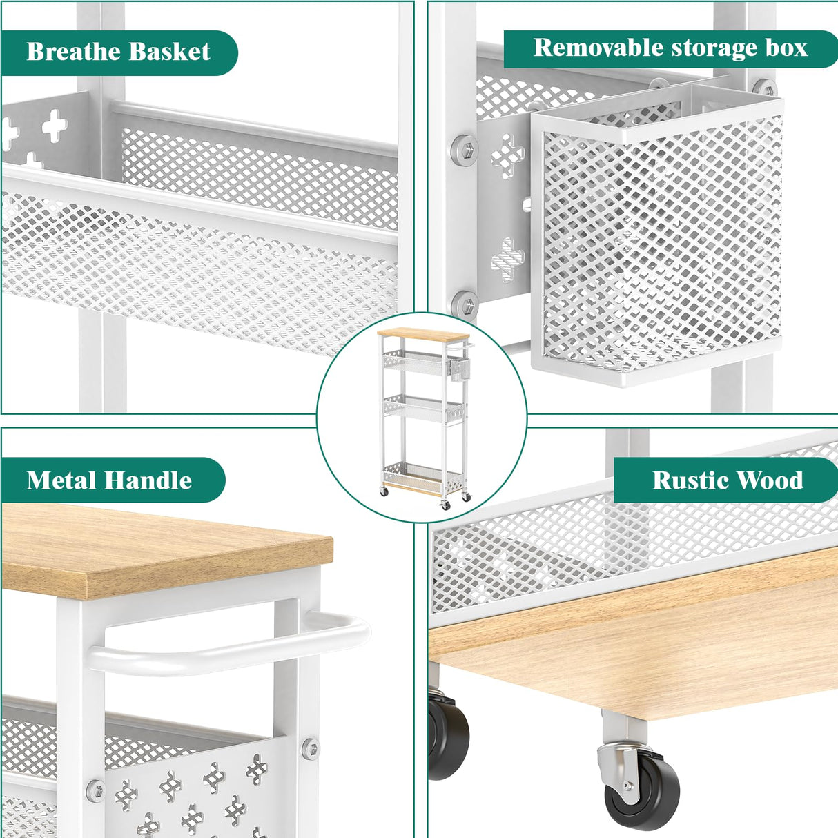 Slim Storage Cart 4 Tier Laundry Cart with Wheels, Narrow Metal Kitchen Rolling Carts Bathroom Organizers Storage Shelf with Wood Rack and Handle for Small Space XYZLVSI