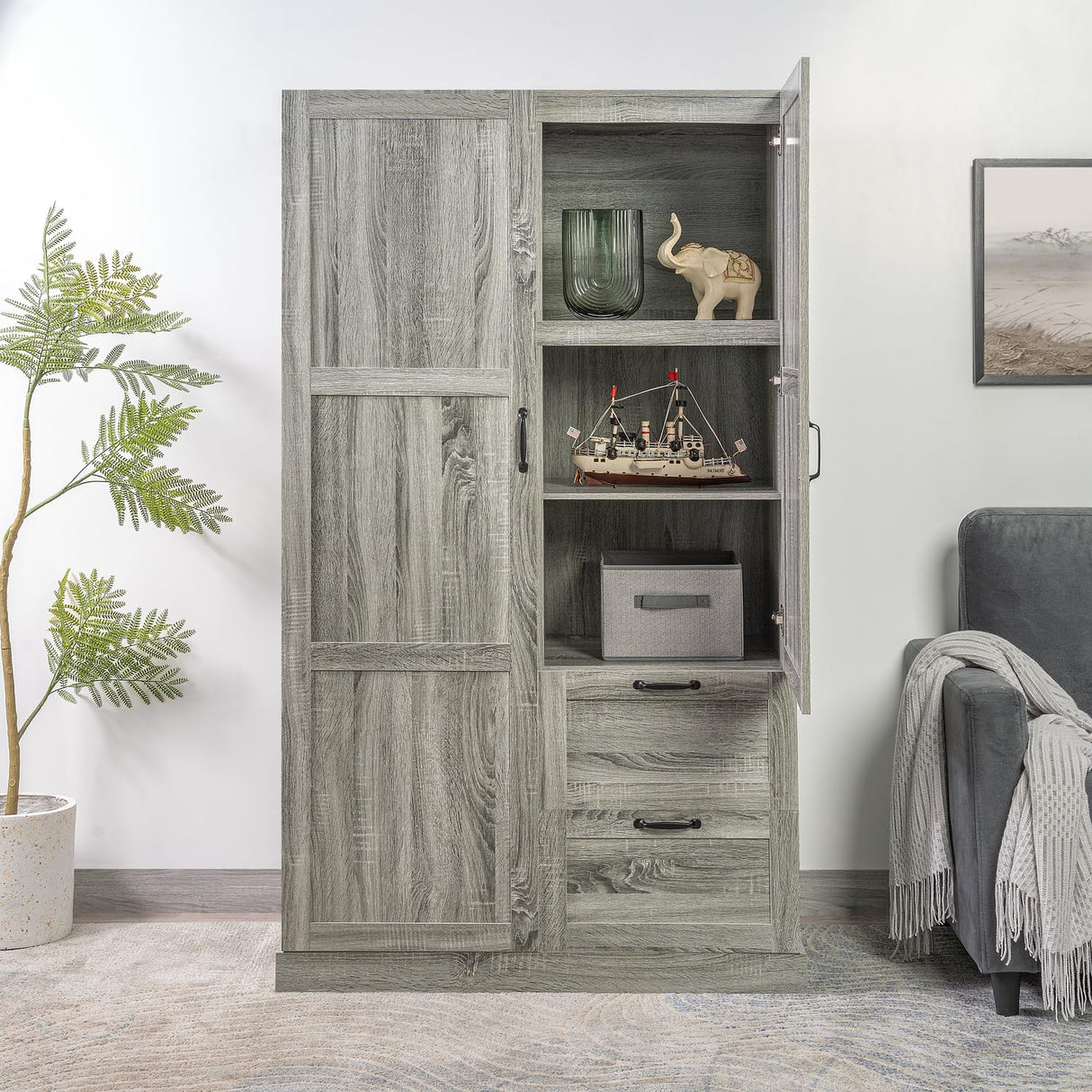 Naomi Home Grey Oak Storage Cabinet with 2 Barn Doors, 2 Drawers & Adjustable Shelves – Modern Wardrobe Closet Armoire for Bedroom, Entryway & Utility Room Naomi Home
